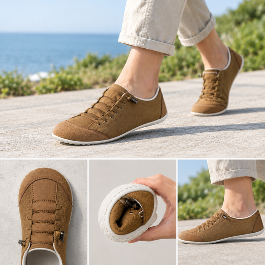 Barefoot shoes with thin flexible soles and a foot-shaped toe box for everyday walking