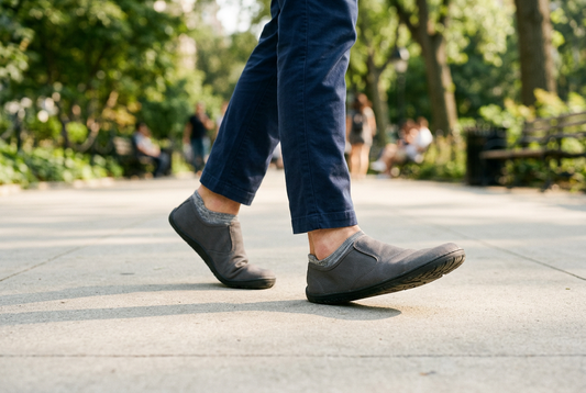 Barefoot-style shoes and cushioned conventional shoes shown side by side
