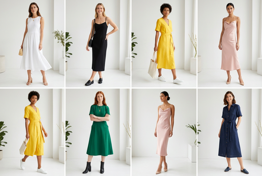 Shoe and dress color combinations with white black yellow pink green dark blue and beige dresses