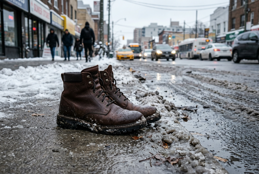Men's winter boots beside a slushy curb on a snowy city street