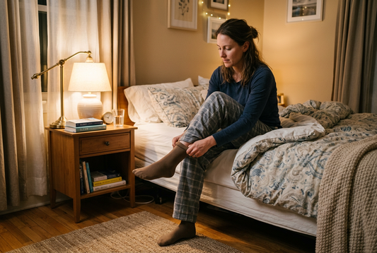 A person sitting on the edge of a bed and checking a compression sock before bedtime