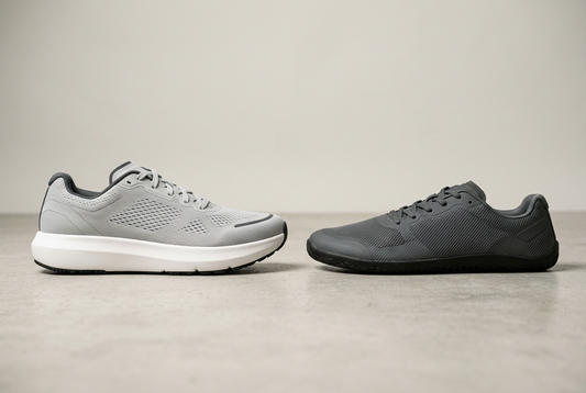 Side-by-side comparison of a cushioned zero-drop shoe and a thin-soled barefoot-style shoe