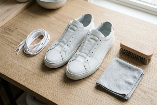 Sneakers with removable laces beside a soft brush and clean microfiber cloth before cleaning