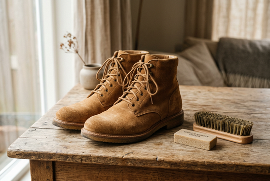 Suede boots beside a suede brush and eraser for everyday stain care